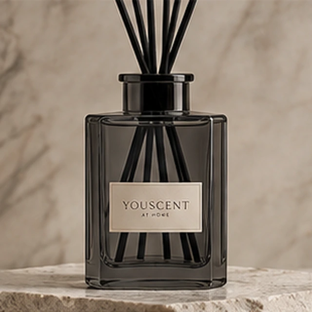 The Column reed diffuser, smoked glass. architectural lines. Label saying Made yours.